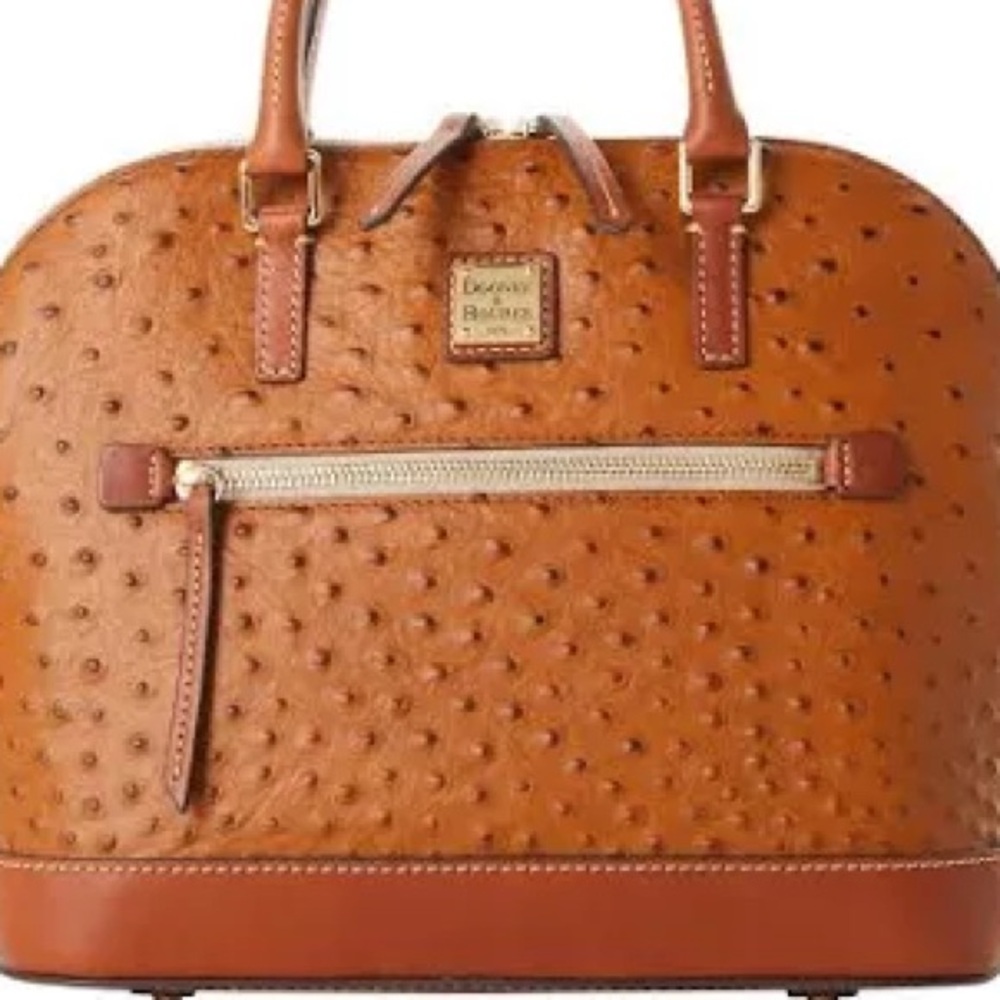 Dooney Bourke 🆕 Ostrich Domed Satchel  caramel  Vacchetta leather trim.